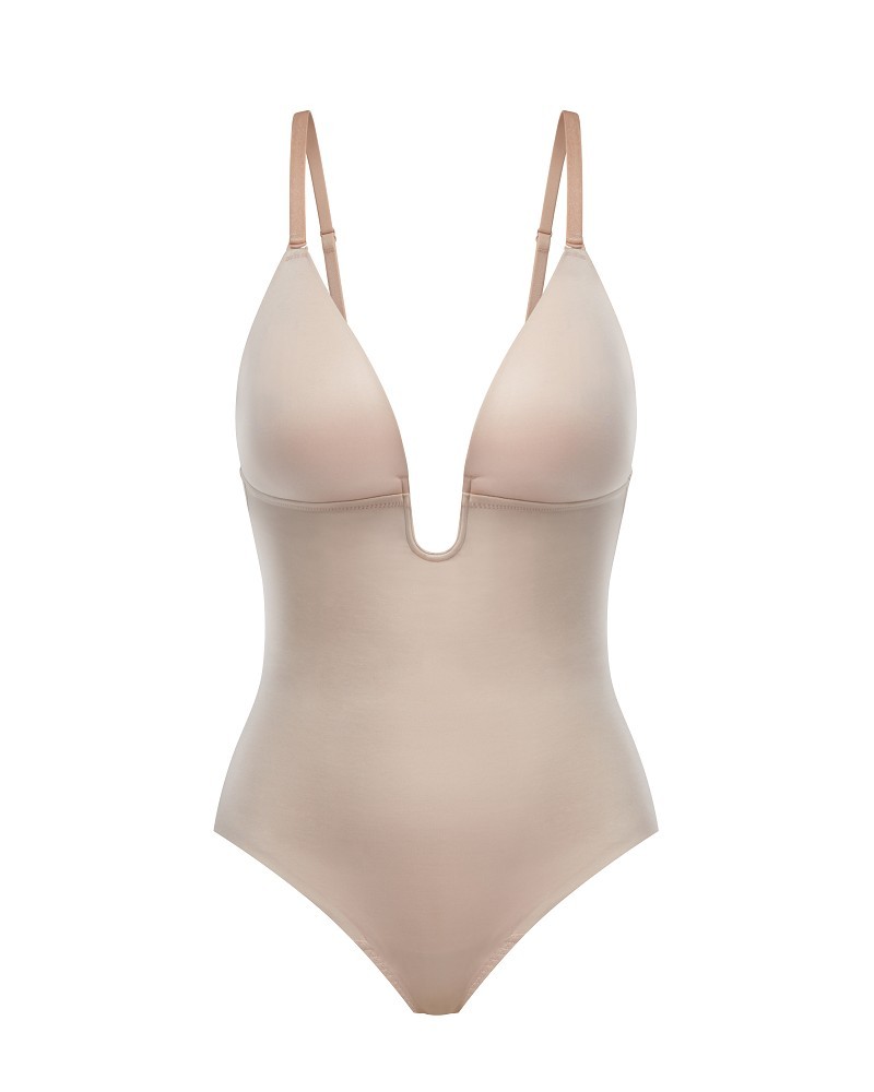 Dames Suit Your Fancy - Thong Bodysuit Plunge Low-Back Champagne Beige