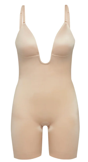 Dames Suit Your Fancy - Mid-Thigh Body Plunge Low-Back Champagne Beige