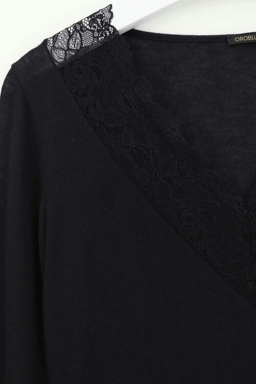 Dames Perfect Line Cashmere Lace T-Shirt Long Sleeve Black