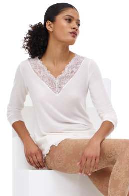 Dames Perfect Line Cashmere Lace T-Shirt Long Sleeve Ivory