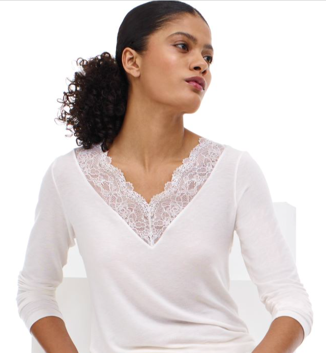 Dames Perfect Line Cashmere - Lace T-Shirt Long Sleeve Ivory