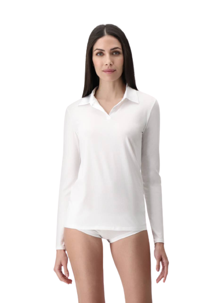 Dames Perfect Line Cotton Polo Shirt Long Sleeve White