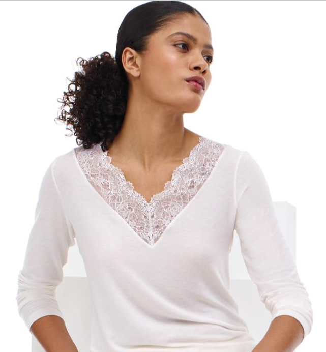 Dames Perfect Line Cashmere Lace T-Shirt Long Sleeve Ivory